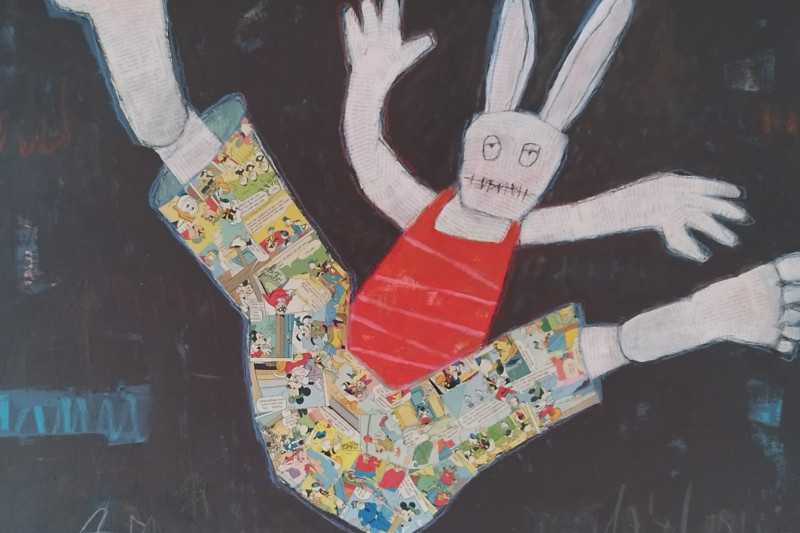 Stil: Cartoon, Collage, fliegender Hase mit Armen und Beinen, bunt bekleidet