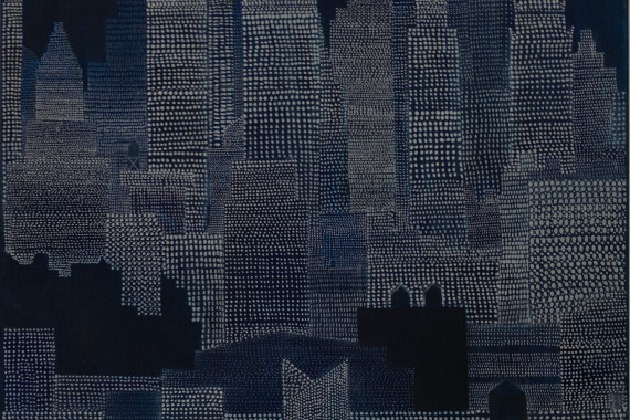 Gemälde: Stadtsilhouette aus hellen Punkten auf dunklem Hintergrund