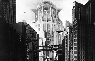 schwarz-wei&szlig; Foto mit Hochh&auml;usern aus dem Film Metropolis von Fritz Lang